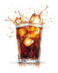 Refreshing glass of cola with ice cubes, capturing the splash effect, perfect for summer beverages and soft drink advertising.