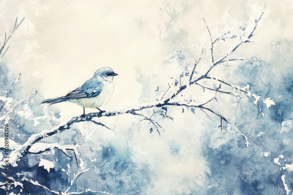 Poster a watercolor painting of a bird perched on a tree branch, suitable for use in illustrations or desig