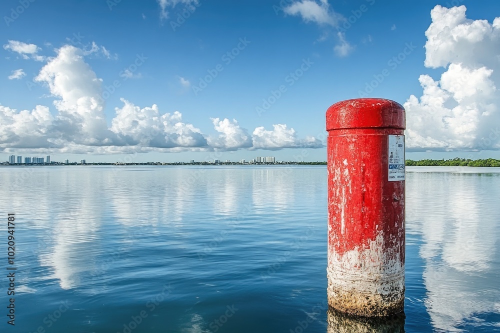 Poster a buoy or marker floating on calm waters with a bright red color