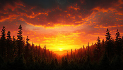 Obraz premium Stunning sunset over a forest with vibrant colors and silhouettes of trees.