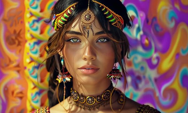 A woman with a colorful headband and earrings Video