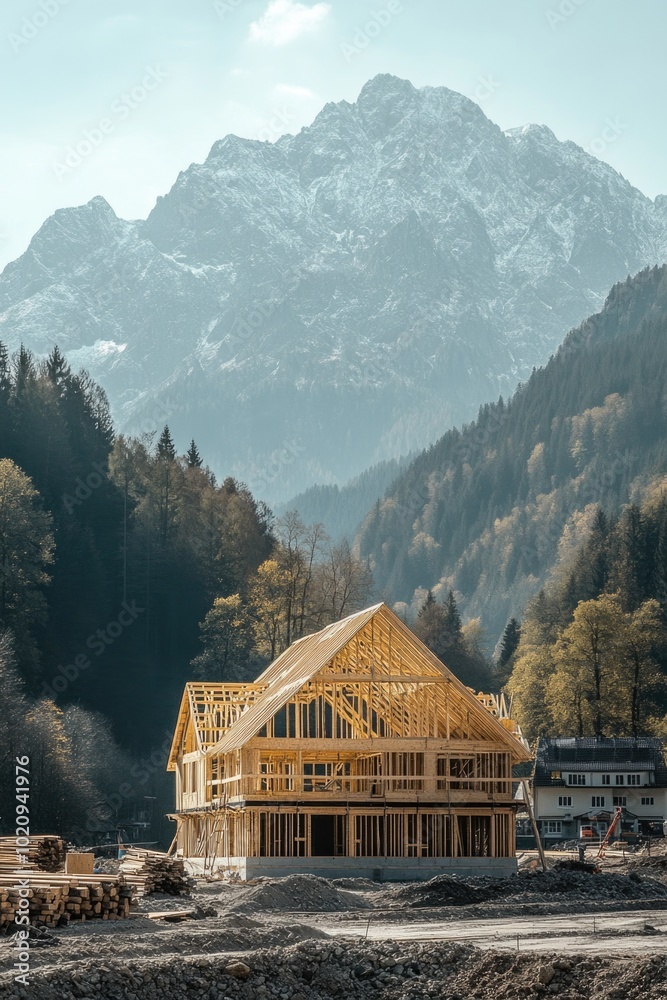 Poster a modern house under construction with mountains in the background, ideal for use in architecture, r