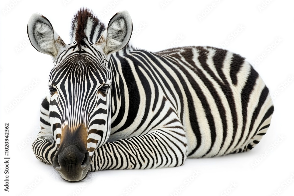 Poster a zebra resting on a plain white surface, great for animal or design concepts