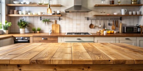 Wooden Tabletop In Front of a Modern Kitchen