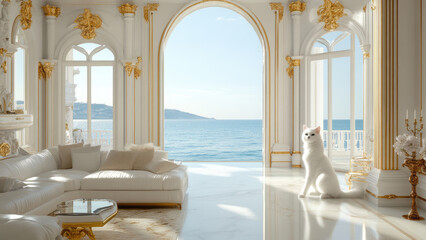 Luxury interior with a white cat, bright and elegant room overlooking the sea