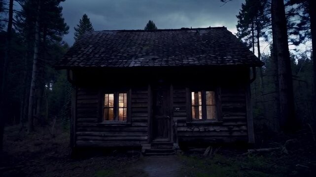 Spooky house in dark woods, old gloomy hut at Halloween night, scary place in forest like in horror movie.