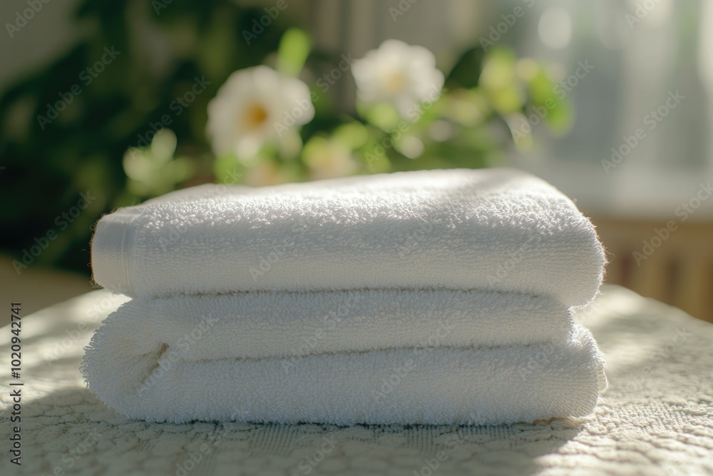 Poster a collection of clean white towels stacked on a table