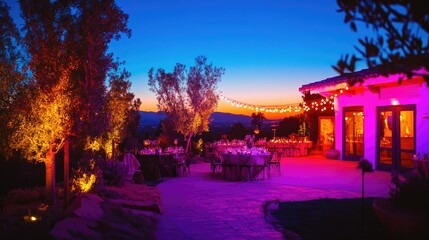 Fototapeta premium A vibrant outdoor party scene featuring colorful lighting that accentuates the beauty of the landscape under the night sky