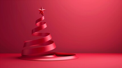 A modern artistic interpretation of a Christmas tree made entirely of red ribbon on a red background.