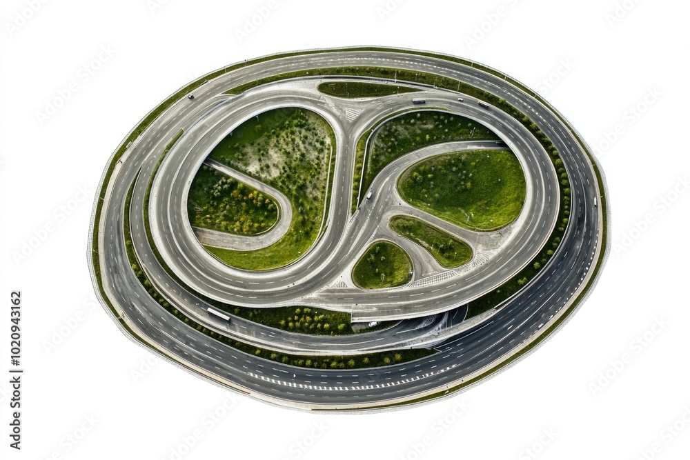 Poster Aerial shot of a busy highway intersection with multiple roads and traffic lights