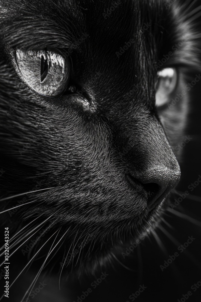 Poster a close-up view of a black cat's face with whiskers and fur