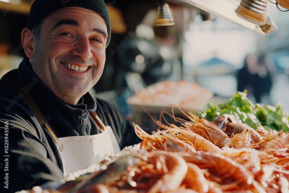 Poster A person smiling while holding a tray of shrimp, possibly for serving or displaying