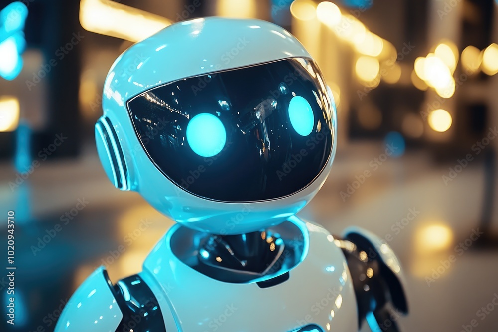 Poster a close-up shot of a robot with glowing eyes, suitable for use in sci-fi or futuristic themes