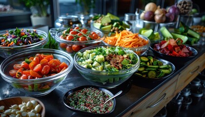 Fototapeta premium Organic Salad Bar, vibrant colors, fresh ingredients, indoor setting, photography