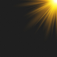 Vector screen overlay illustration of rising sun, sunlight, light effect, glowing star explosion of the star, sunrise, yellow and orange lighting, sun rays