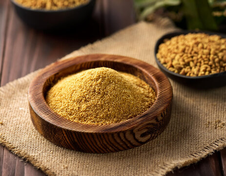 A bowl of asafoetida (asafetida) on the table. 