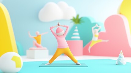Colorful 3D cartoon characters doing yoga poses in a bright studio, representing fitness and mental wellness