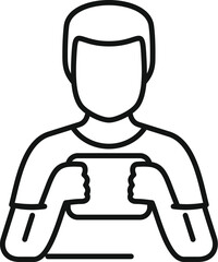 Line drawing of a young man holding a portable gaming console, enjoying his favorite hobby © anatolir