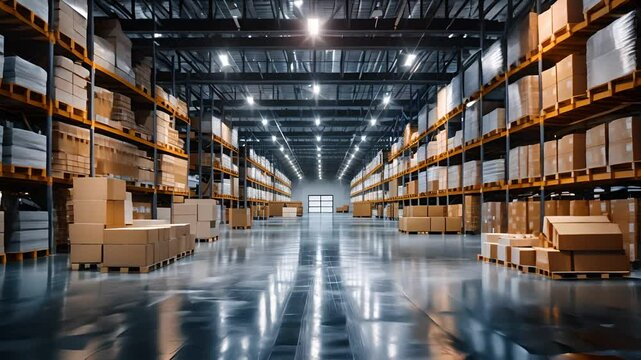A large empty warehouse with rows of shelves stacked with cardboard boxes