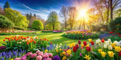 Fototapeta premium Lush green landscape with vibrant flowers blooming in the spring sunshine, spring, summer, nature, growth, flowers, blooming