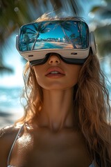 Naklejka premium Woman Using VR Headset for Virtual Travel