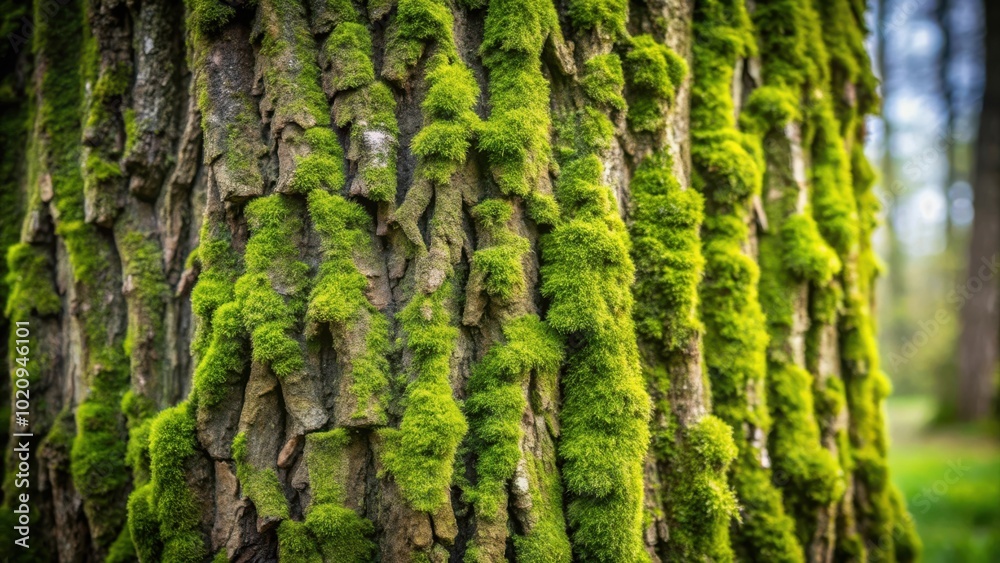 Poster A Close-Up View of a Tree Trunk Covered in Lush Green Moss, A Natural Textured Background