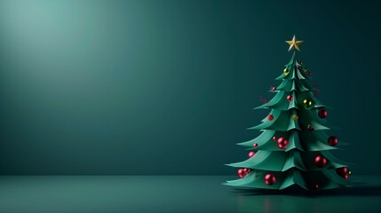 A stylized illustration of a decorated Christmas tree with red and gold ornaments on a teal background.