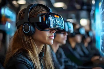 Group Of Professionals Wearing VR Headsets In A High-tech Workspace