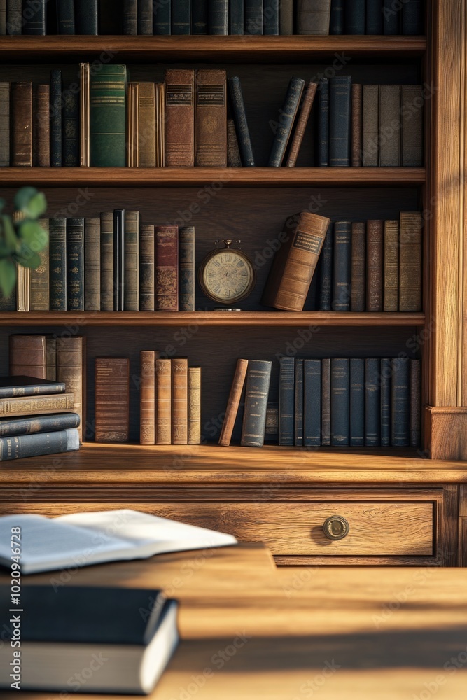 Canvas Prints A bookshelf filled with many books and a clock nearby