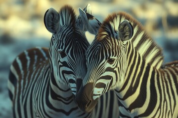 Two zebras standing side by side, illustration or photography