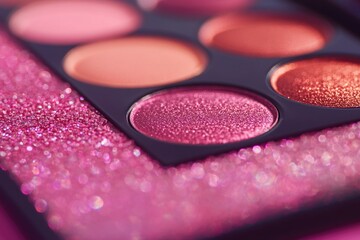 A close-up view of a vibrant makeup palette sitting on a pink surface