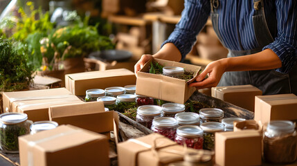 A person packaging items using eco-friendly materials like recycled paper, reusable containers, and glass jars