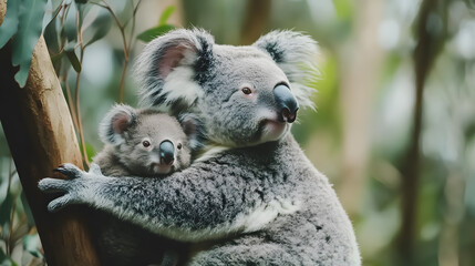 Fototapeta premium Mother koala with baby on her back.