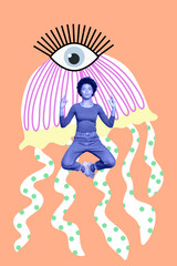 Vertical photo collage of peaceful american girl do yoga practicing jellyfish eyeball spiritual exercise isolated on painted background