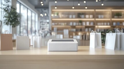 Modern Retail Checkout with Shopping Bags Displayed