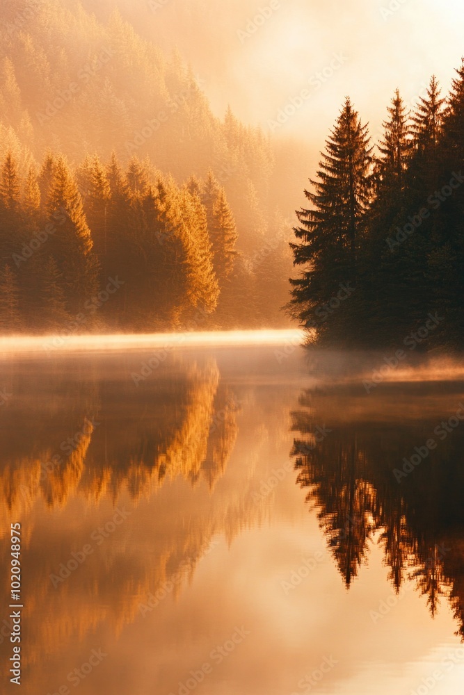 Poster a serene and misty lake scene with trees in the background