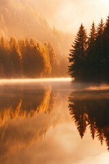 A serene and misty lake scene with trees in the background