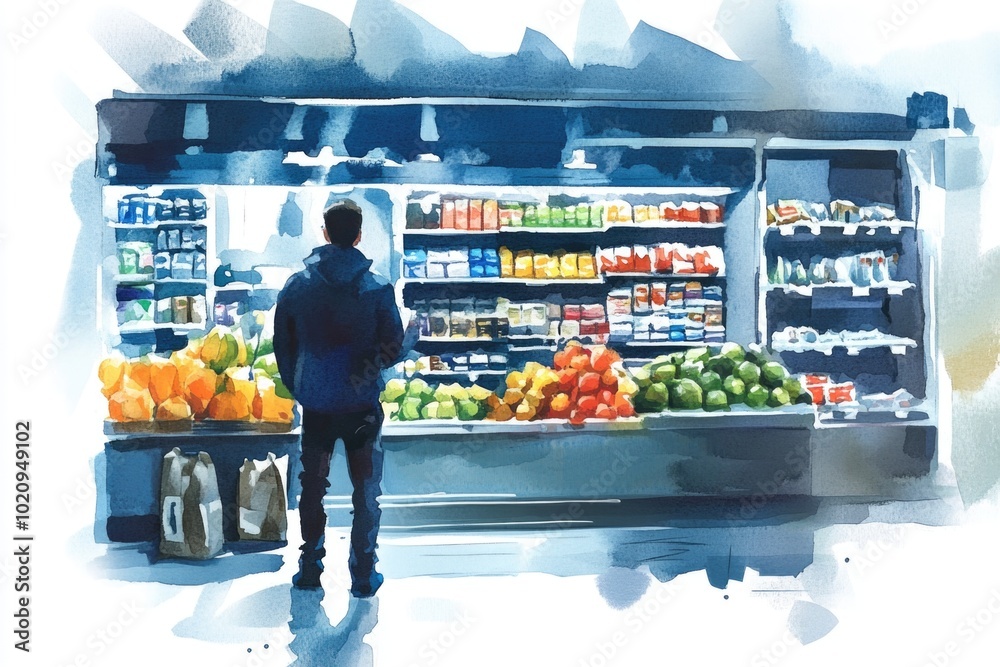 Poster a man stands in front of a colorful fruit stand, ready to serve customers