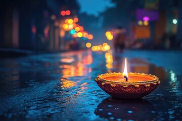 A single lit candle sits on a wet and darkened sidewalk, ready to be blown out
