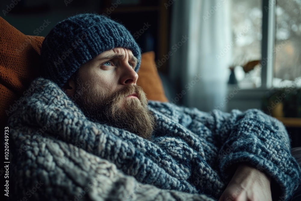 Poster a close-up portrait of a man with a long beard and a knitted hat, looking directly at the camera