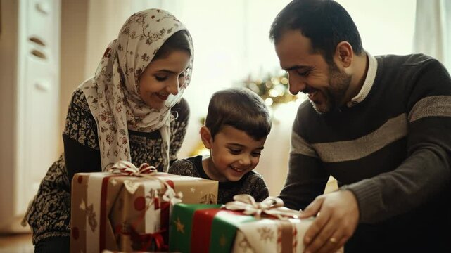 Happy Turkish family of three unwrapping Christmas presents. Family spending quality time together on a New year's eve in Turkey. Warm atmosphere. Traditional celebration. Holiday in T&uuml;rkiye.