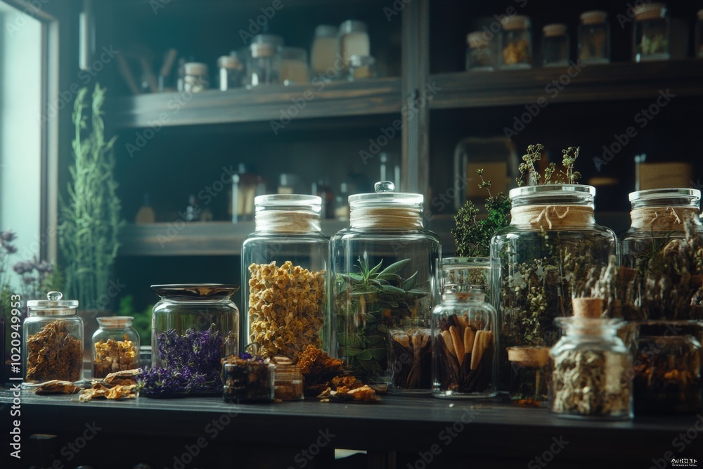 Poster Dried plants arranged in jars on a wooden table, great for home decor or botanical themes