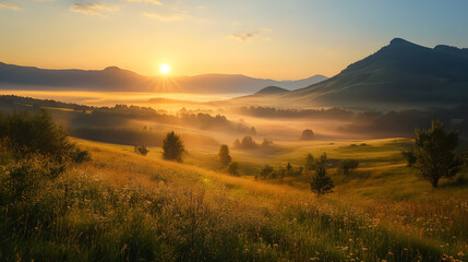 Fototapeta premium Mountain Valley During Sunrise: A stunning sunrise view of a mountain valley, with warm light illuminating the natural beauty of the landscape.