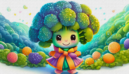 Naklejka premium oil painting style CARTOON CHARACTER CUTE BABY broccoli isolated on white background, top view. side front view