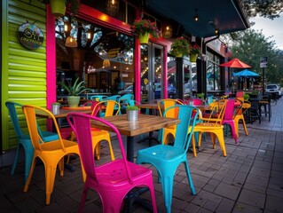 Urban Street Cafe, vibrant colors, outdoor seating, relaxed atmosphere, photography