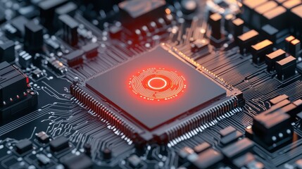 A close-up view of a microprocessor embedded in a circuit board, illuminated by a red light, showcasing intricate electronic components.