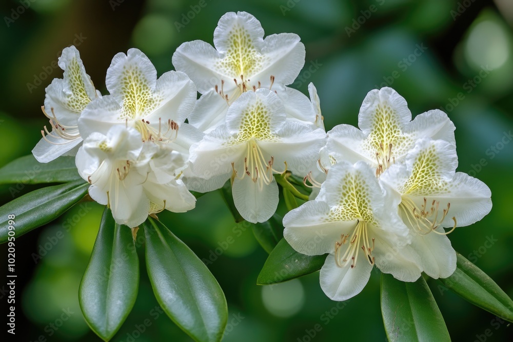 Poster close-up shot of white flowers blooming on a tree branch, suitable for use in botanical or nature-th