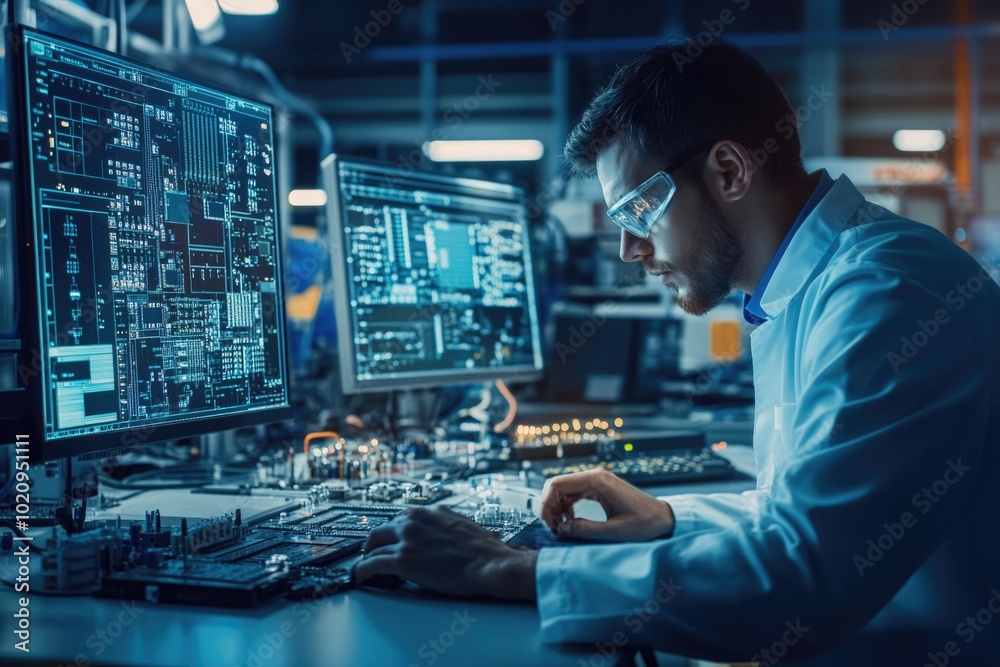 Poster A scientist in a lab coat works on a computer, focusing on his task