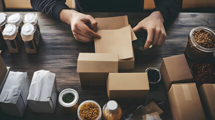 A person packaging items using eco-friendly materials like recycled paper, reusable containers, and glass jars