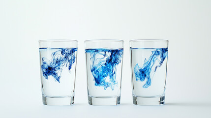 Three glasses of water, one with blue ink swirling in it